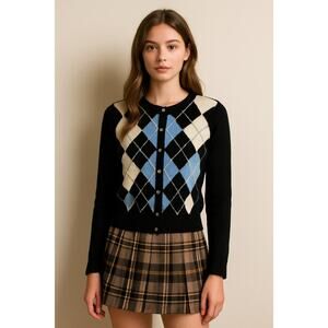 Preppy Y2K Black Blue Argyle Cardigan Sweater Moda International Women’s M